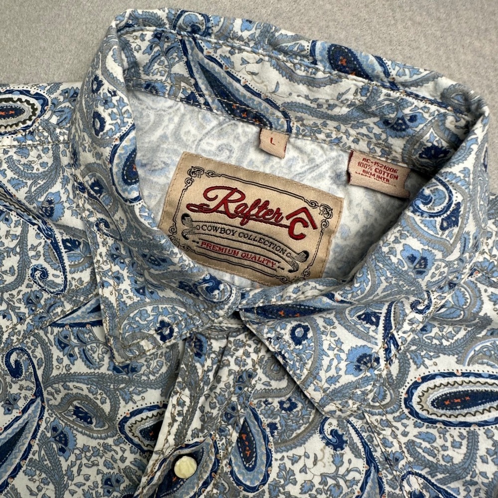 Rafter C Western Shirt Mens Large Blue Paisley Pearl Snap Short Sleeve Cotton